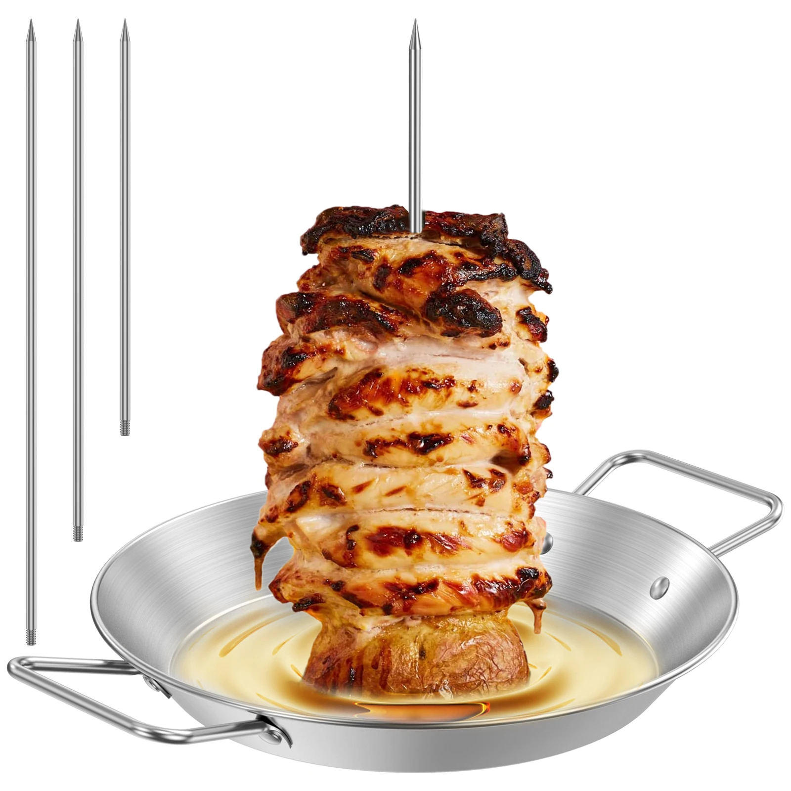 Edelstahl vertikaler Spieß Grill Hochleistungs-Stand-Up-Grills pieße Braten Tropf pfanne Huhn Bräter Rack Outdoor-Garten Image