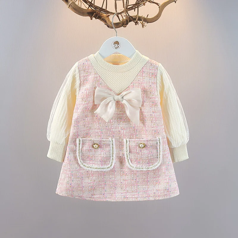 1-5Y Neue Frühling Herbst Kleider Für Baby Mädchen Nette Schleife Mesh Plaid Langarm Prinzessin Kleid Image