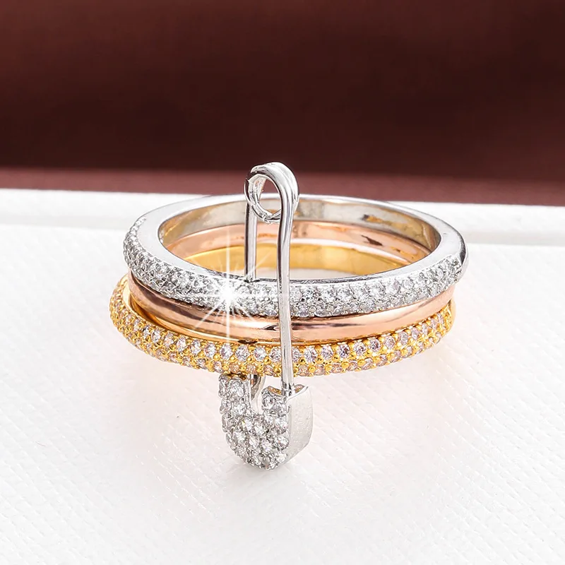 YILUOCD 3 Stück stapelbarer Pin-Ring, dreilagiger Zirkon-Edelstahl-Ring für Frauen, Hip-Hop-Stil, Schmuck, Valentinstagsgeschenk Image