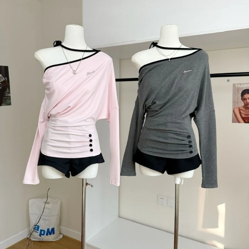 Deeptown Elegante, sexy T-Shirts, süße schulterfreie, kokette rosa T-Shirts im koreanischen Stil, graues Langarm-T-Shirt mit Schnürung, Ästhetik