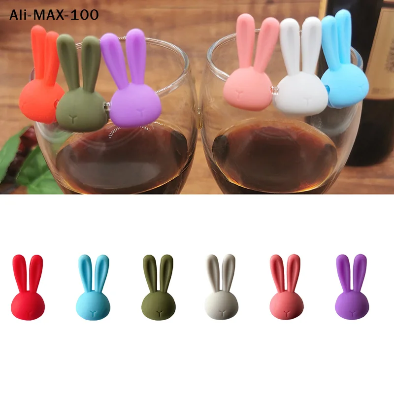 【AM3】6 Stück Cartoon 3D Hasenohren Weinglas-Marker, Glas-Erkennungsmarkierer für Hochbeinige Gläser, Rotwein- und Champagner-Glas-Differenziator