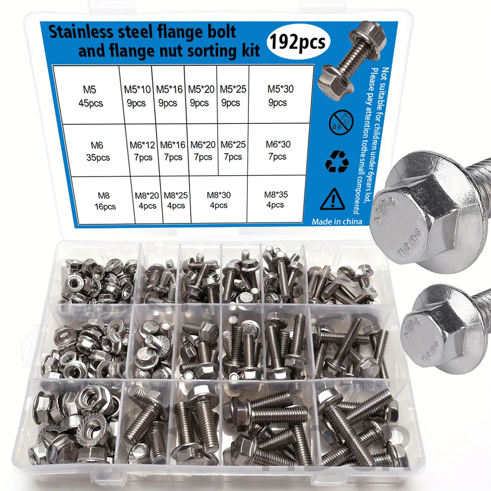 192-teiliges Sechskant-Flanschschrauben- und Mutternset aus Edelstahl, M5/M6/M8, Länge 10-35 mm Image