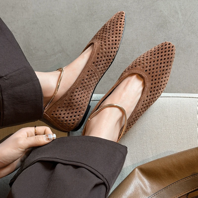 2026 Neue Größe 34-40 Neue Mesh Echtleder Schuhe Damen Sandalen Hohle Flache Schuhe Mode Cut-Outs Damen Casual Flats Loafers