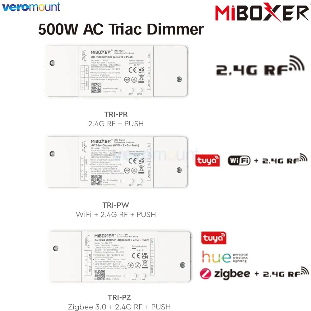 MiBoxer 500W AC Triac Dimmer Druckschalter TRI-PR 2,4G TRI-PW WiF i+ 2,4G RF + Push TRI-PZ Zigbee 3.0 +2,4G RF + Push AC 110V 220V Image