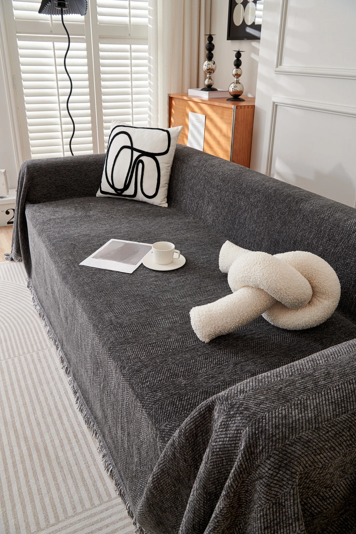 Herribone Jacquard-Sofahandtuch, Chenille mit Quaste, Sofabezug, Decke, Couchbezug, universell für Wohnzimmer, alle Jahreszeiten Image