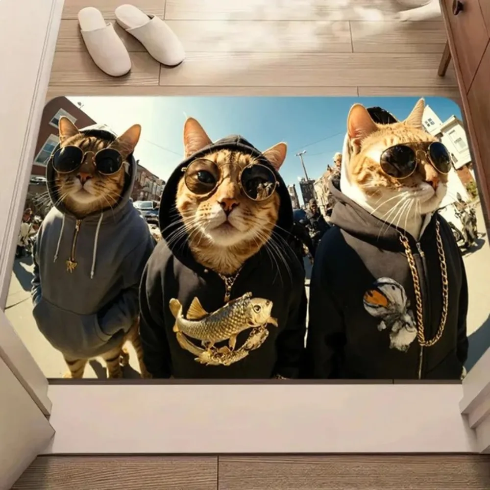 Cooler Gangster-Katzen-Druck Rechteckiger Teppich Lustiger Hip-Hop Haustier-Dekorationsmatte Rutschfester Bodenteppich Eingangsbereich Fußmatte Geld-Design Image