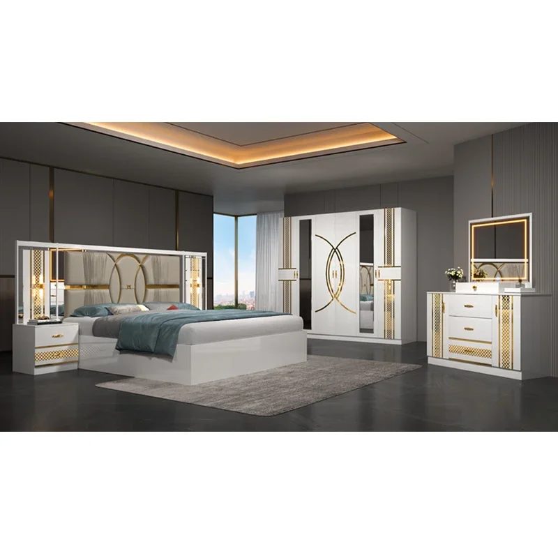 Luxuriöse Schlafzimmer-Suite mit geometrischem Goldbesatz, Bett + Kleiderschrank + Kommoden-Set