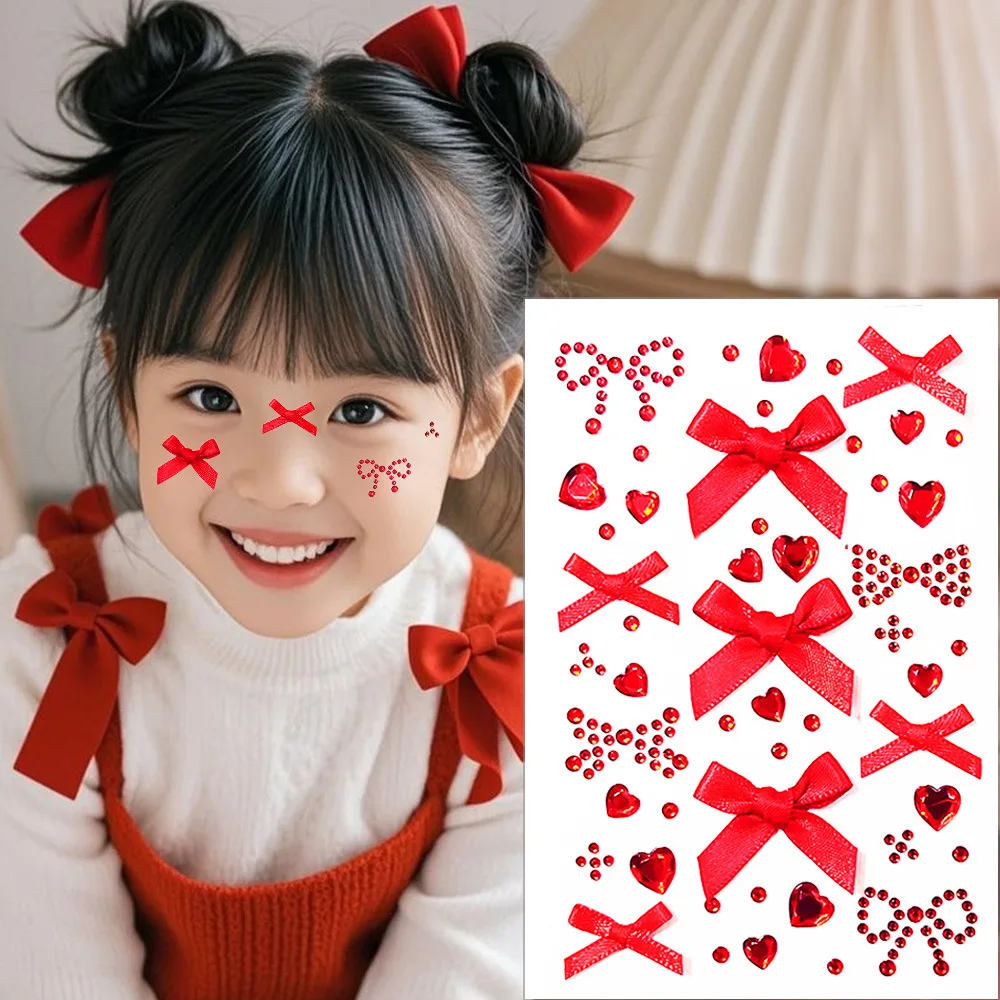 1 Stück 3D Weihnachten rotes Band Schleife Gesicht Tattoo Aufkleber süße Herz Schleife Edelsteine selbstklebende Aufkleber für 14+ Party Make-up Tattoos Image