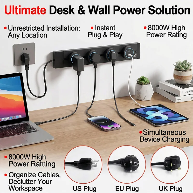 Wandmontierte Stromschienensteckdose US EU UK Steckeradapter 40/50cm Büro-Stromanschluss Wandsteckdose USB Typ C Grau Schwarz Image