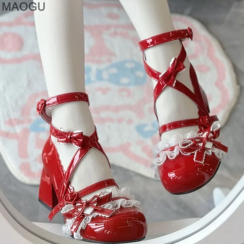 Rote Lolita-Schuhe für Damen im japanischen Stil, runde Zehen, klobiger Absatz, Mary Janes, süße Schleife, elegante Pumps, Größe 35–40, Zapatos Mujer