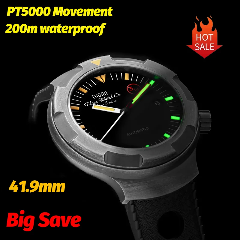 Thorn New T018 Titan Retro Herrenuhr Pt5000 Automatikuhr Fluorkautschukarmband Saphir Wasserdichte Uhren Salutes Classic Image