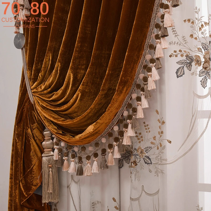 Weinrote Echtsamt-Vorhänge für besticktes Fenster, Wohnzimmer, Schlafzimmer, französisches Fenster, Villa, maßgeschneidertes fertiges Produkt Image