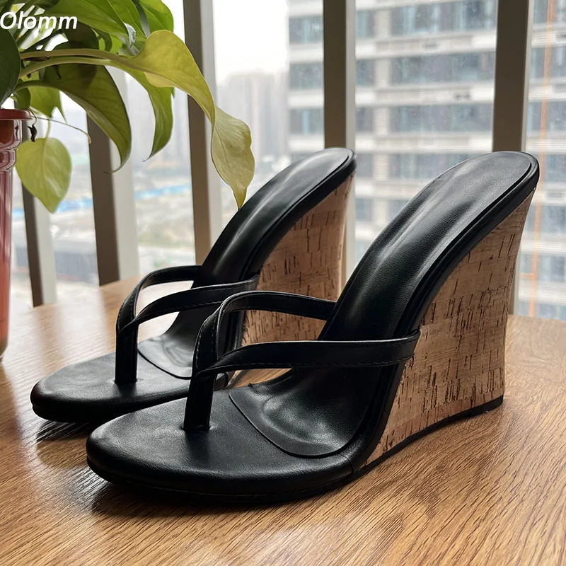 Olomm Neue Ankunft Handgemachte Frauen Flip-Flops Sandalen Sexy Keile Heels Runde Kappe Elegante Schwarz Casual Schuhe Damen UNS Größe 4-20