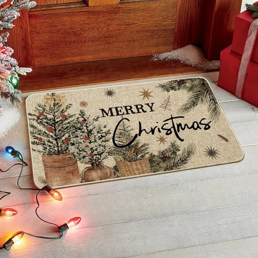 Weihnachtsteppich, Matte, Teppich, Vintage-Leinenstruktur mit grünem Kiefernbaum, fröhlicher Weihnachtstext, rutschfeste Bodenmatte für Heimdekoration Image