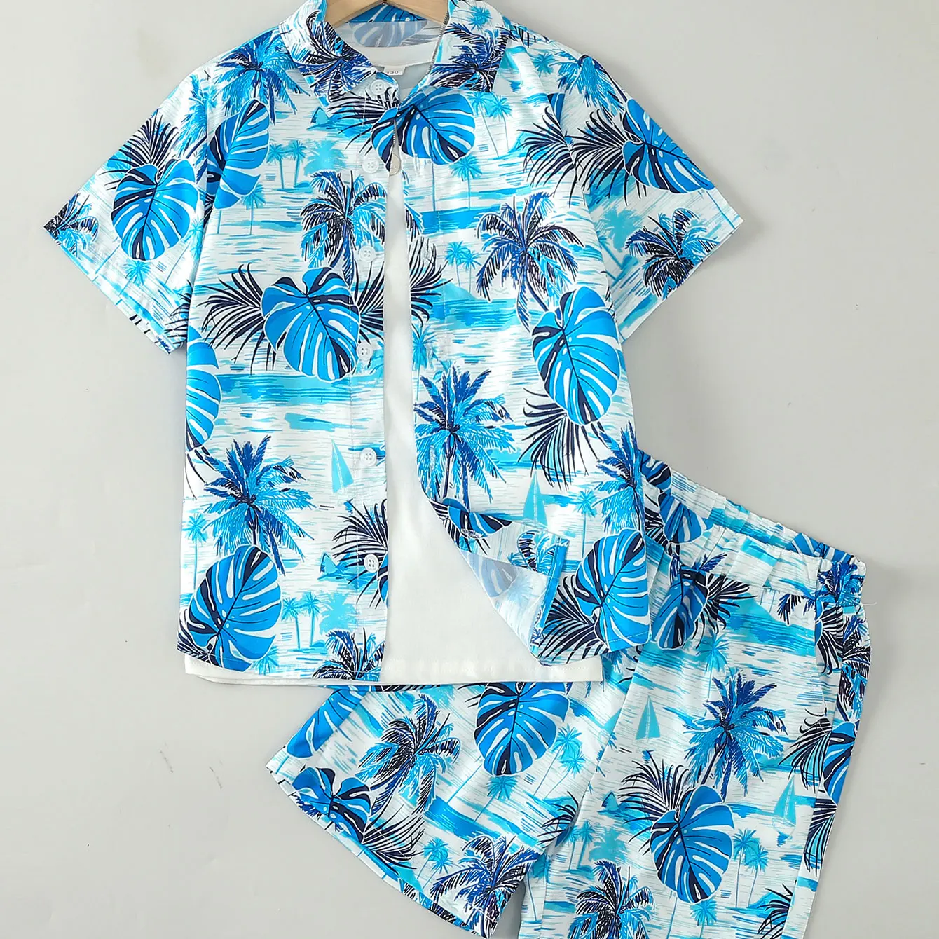 Jungen Sommer Casual Palmblatt Druck Strand Urlaub Gentleman Stil Quadrat Kragen Kurzarm Strickjacke Hemd Set Image