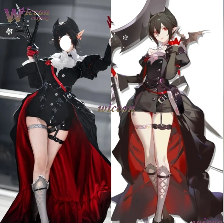 SAIKOU Game Arknights Entelechia Cosplay Kostüm Schwarzes Abendkleid Langer Rock Perücke Frau Sexy Karneval Party Anzug Lolita