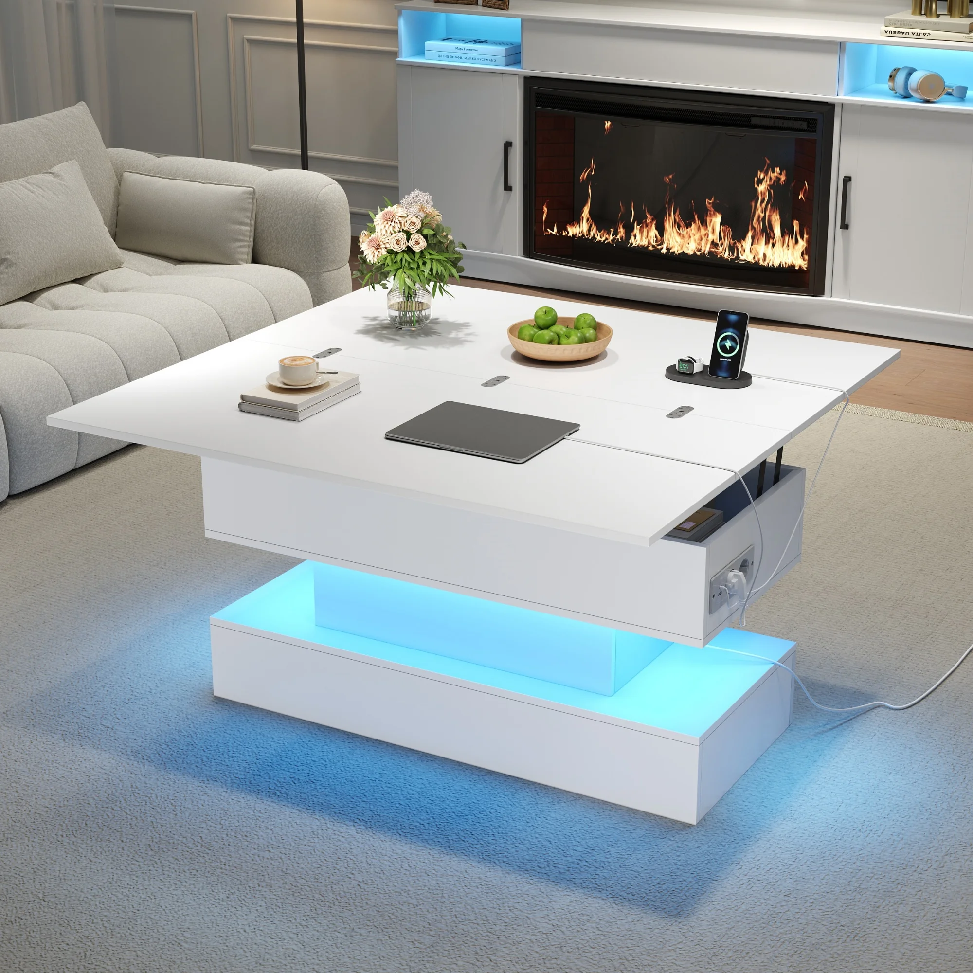 Couchtisch mit LED, Steckdose & USB-C, anhebbarer & höhenverstellbarer Wohnzimmertisch mit Stauraum, multifunktionaler Sofatisch & Beistelltisch