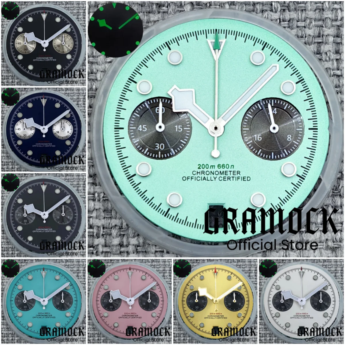 Gramock 30 mm VK64 Chronograph Flamingo Blau Rosa Schwarz Zifferblatt mit Schneeflockenzeigern leuchtend passend für VK64 Uhrwerk für 39 mm Gehäuse Image