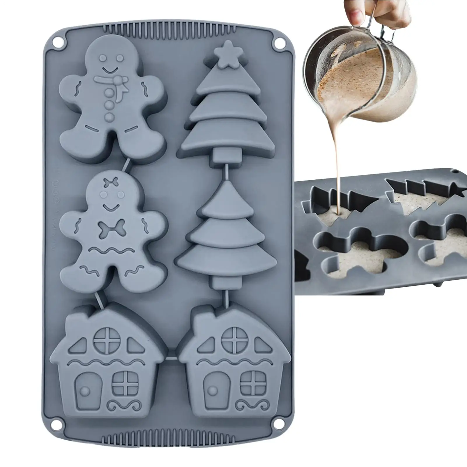Weihnachts-Silikonformen für Harz, Süßigkeiten, Lebkuchenmann, Süßigkeitenhaus, Kiefernbaumformen, 6 Mulden, Silikon, 3D-Form, Basteln, antihaftbeschichtet Image