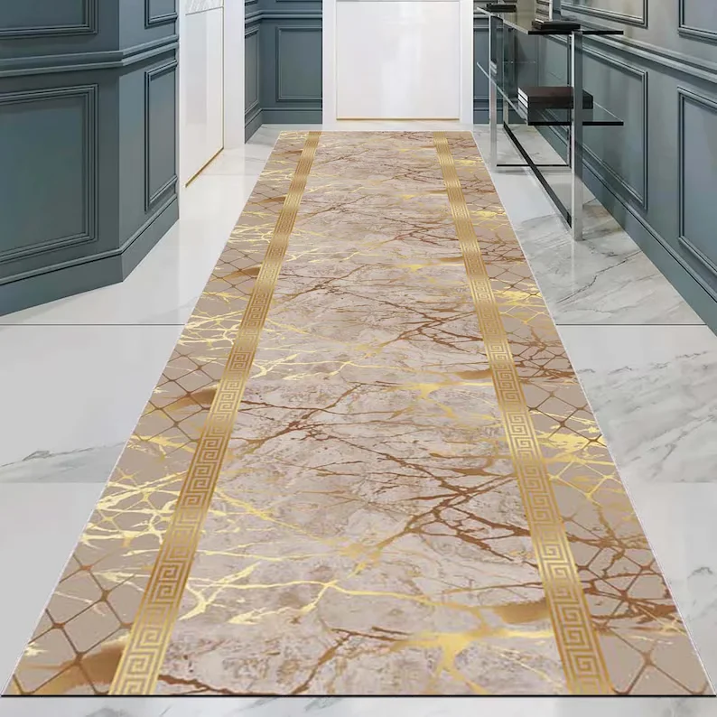 Marmor-Läuferteppich, luxuriöser schwarz-goldener Läuferteppich, moderner geometrischer Flurteppich, eleganter Eingangsbereichsteppich, Flurteppich, Bodenteppich Image