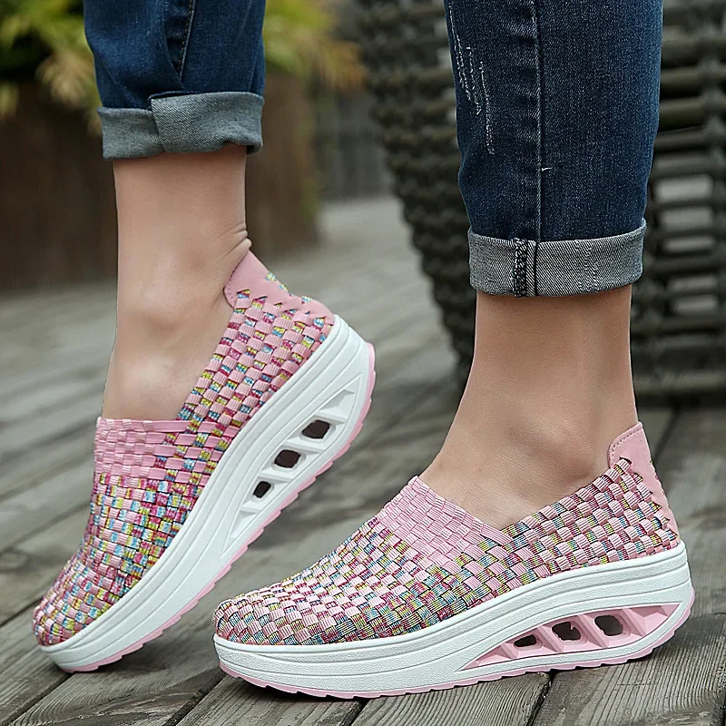 Sommer Turnschuhe Frauen Schuhe Keile erhöht dicke Plateaus chuhe Frau gewebte atmungsaktive lässige Turnschuhe Tenis Chauss ure Femme schuhe dame lässiger sneaker damen schuhe platform shoes casual