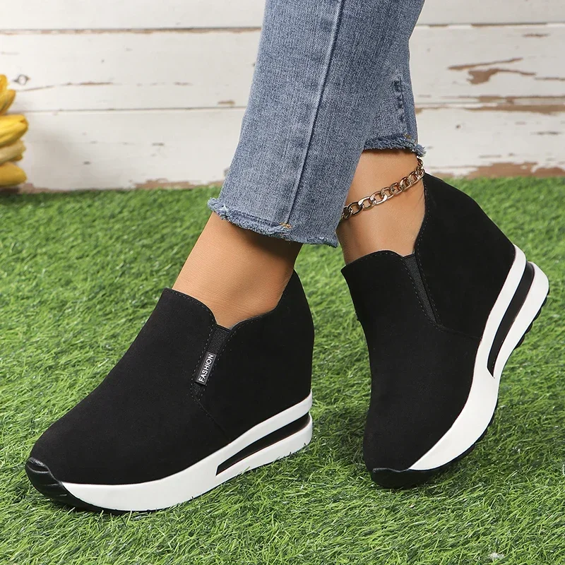 Schwarze Frauen Casual Schuhe Plattform Keil Frauen Mode Turnschuhe Frauen Sommer Schuhe Slip Auf Loafers Vulkanisieren Schuhe