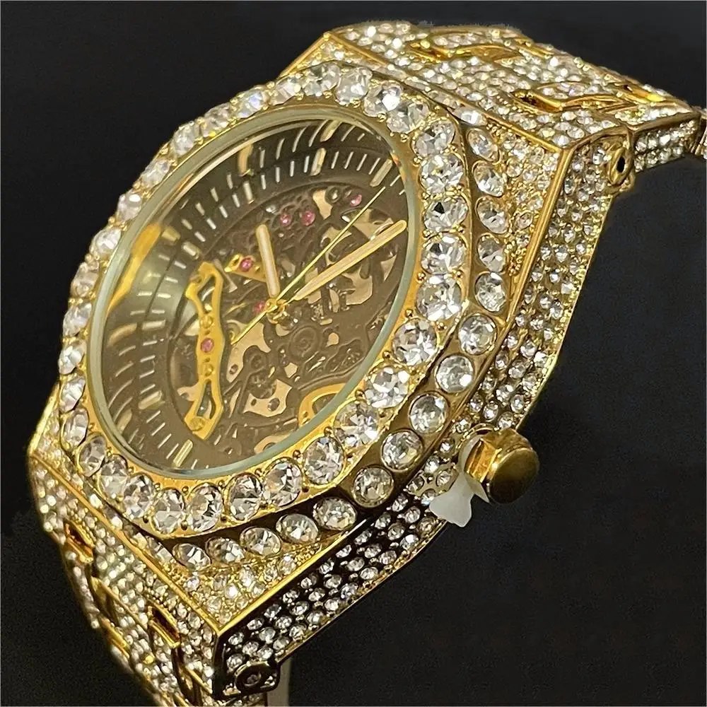 Luxus automatische mechanische Uhr Männer Hip Hop Marke Missfox Stahl voll gefroren Diamant Schmuck Gold Armbanduhr Mode Mann neu