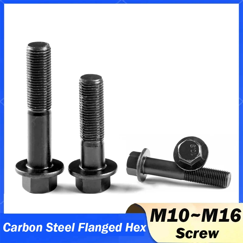 M10 M12 M14 M16 Güteklasse 10,9, schwarzer Kohlenstoffstahl, Außensechskant-Flanschschraube, Flanschkappe, Schraube, Bolzenbefestigung, Gewindesteigung 1,25/1,5 mm Image