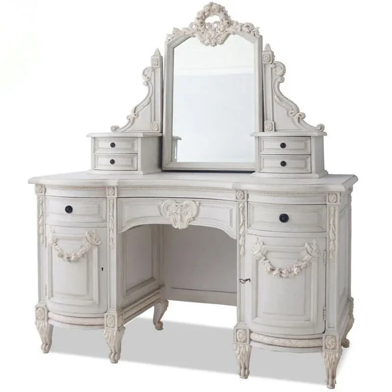 Französischer leichter Luxus-Massivholzschnitzerei, Blumenkommode, Schminktisch, Schlafzimmer, amerikanischer Retro-alter Schminktisch, Schminkspiegel