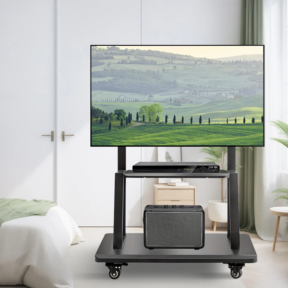 Höhenverstellbarer TV-Ständer für 32-75-Zoll-Fernseher mit feststellbaren Rollen, rollender TV-Ständer mit Rollen, max. VESA 600 x 400 mm, mobiler TV-Wagen