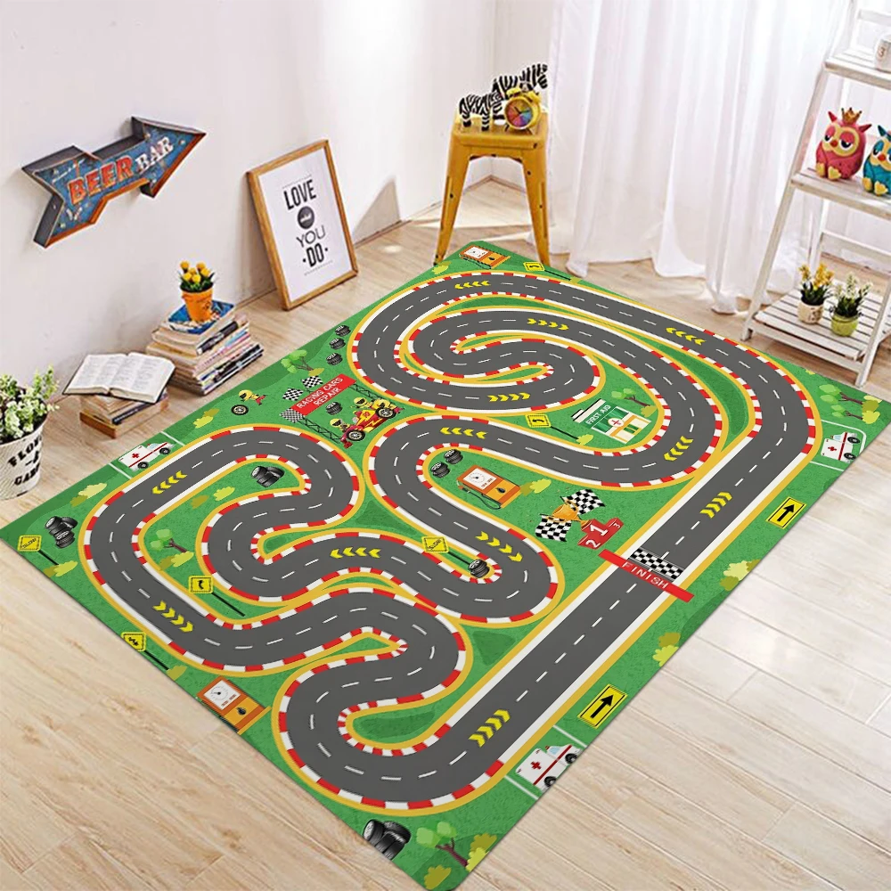 Kinderauteppich, Rennstrecke, Spielmatte, Teppiche für Autos, Straßenverkehrsteppich für Spielzimmer, lustige Stadtlebenskarte, Spielzeug, Spielmatte für Schlafzimmer, Jungen Image