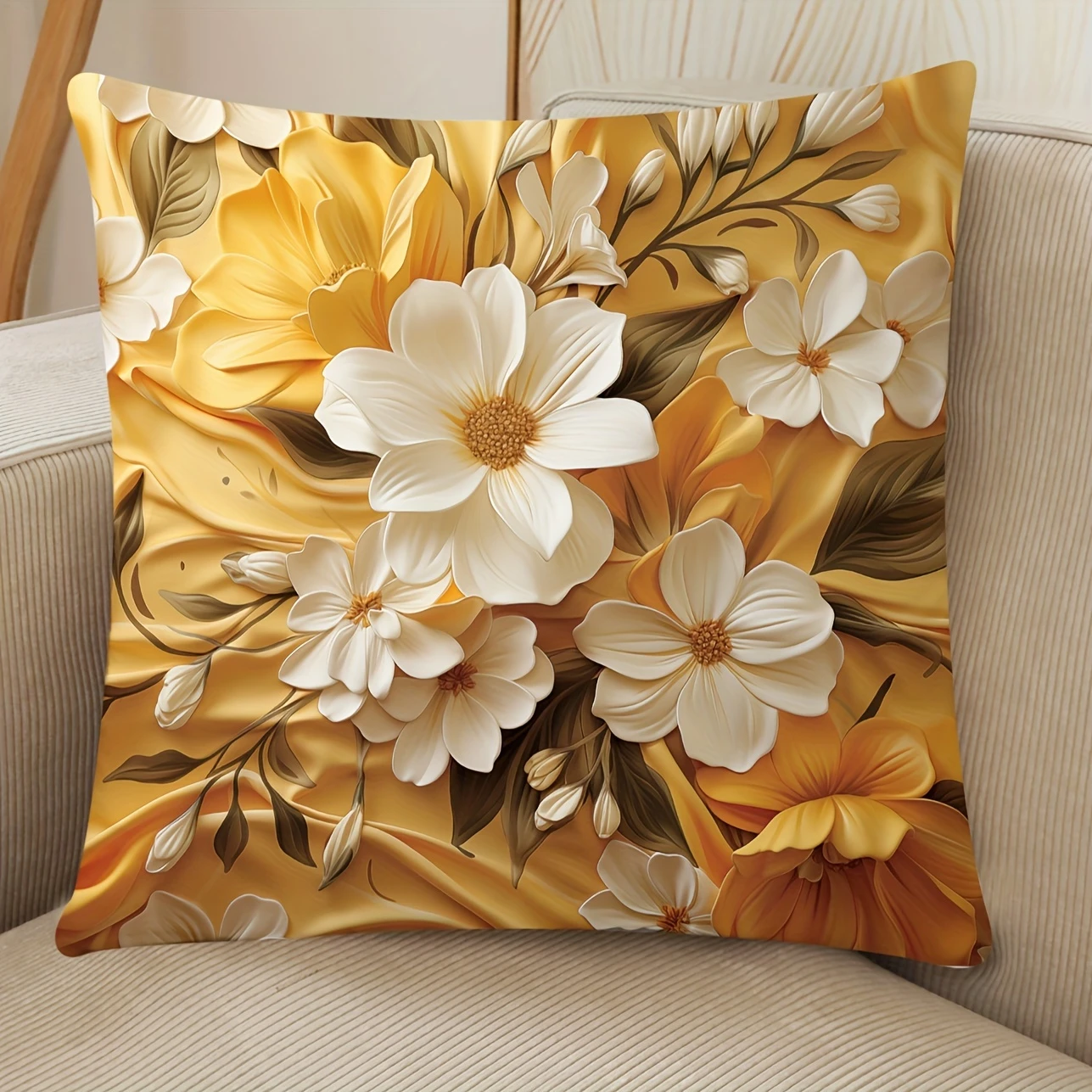 2D Luxuriöser Goldener Weißer Blumen-Kissenbezug Eleganter Blumendruck Kissenhülle für Sofa Couch Moderne Boho Heimdekoration Geschenk Image