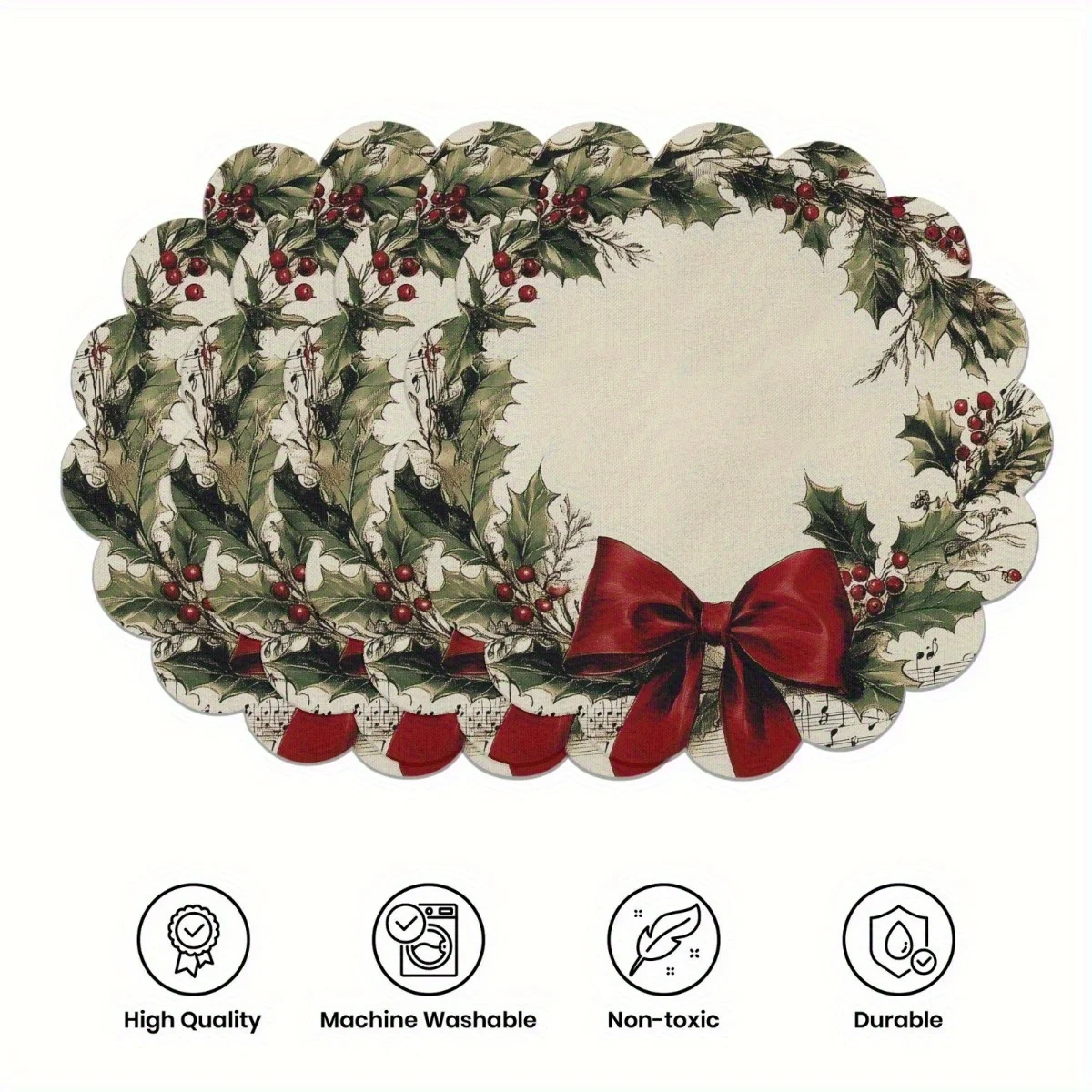 VIKAMA 4PC Weihnachten Holly Berry Matte Schleife Note Wave Edge Tisch Restaurant Weihnachtsfeier Dekoration Image