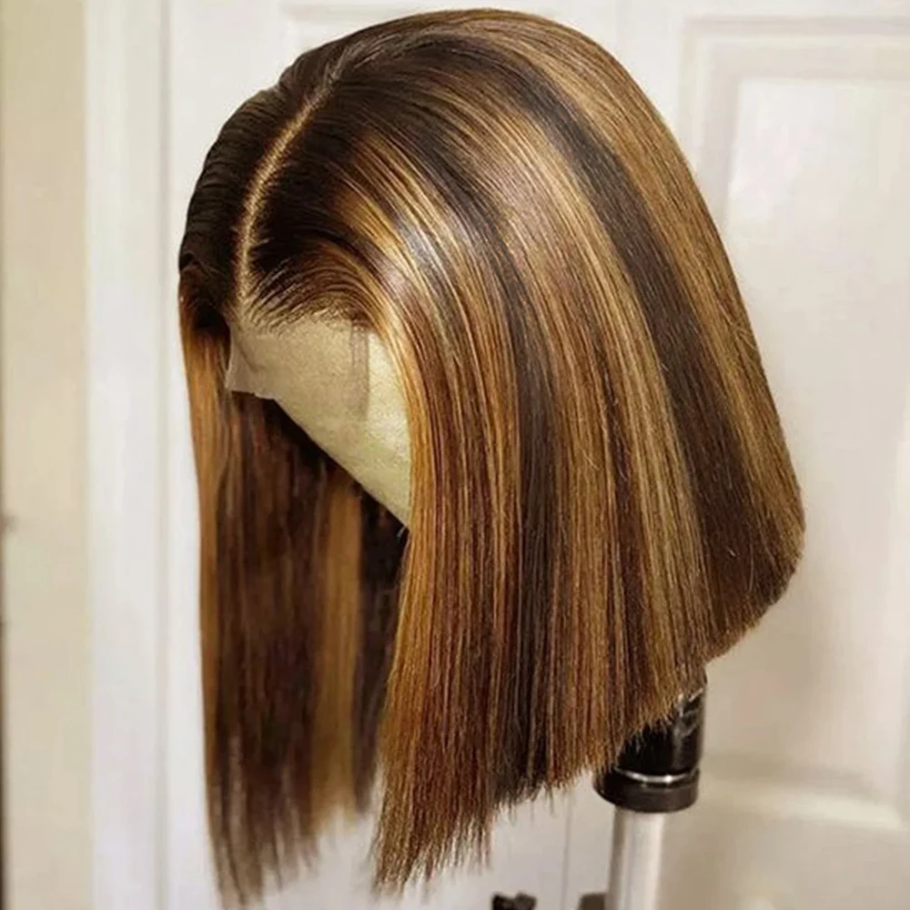 100% Remy Echthaar Highlight 4/27 Bob Perücken Echthaar 13x4 Lace Frontal Echthaarperücken P4/27 Ombre 4x4 Lace Perücken für Frauen 180% Image
