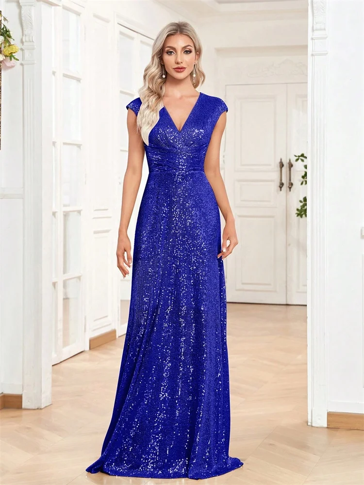 Frauen Elegante V-ausschnitt Meerjungfrau Abendkleid Bodenlangen Formale Blau Prom Party Kleid Pailletten Ärmellose Vestidos