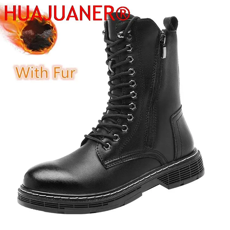 Seitlicher Reißverschluss Hohe Knöchelstiefel Herren Freizeitschuhe Punk Lederstiefel für Herren Winter Fell Warm Stylische Herren Motorradstiefel Große Größen