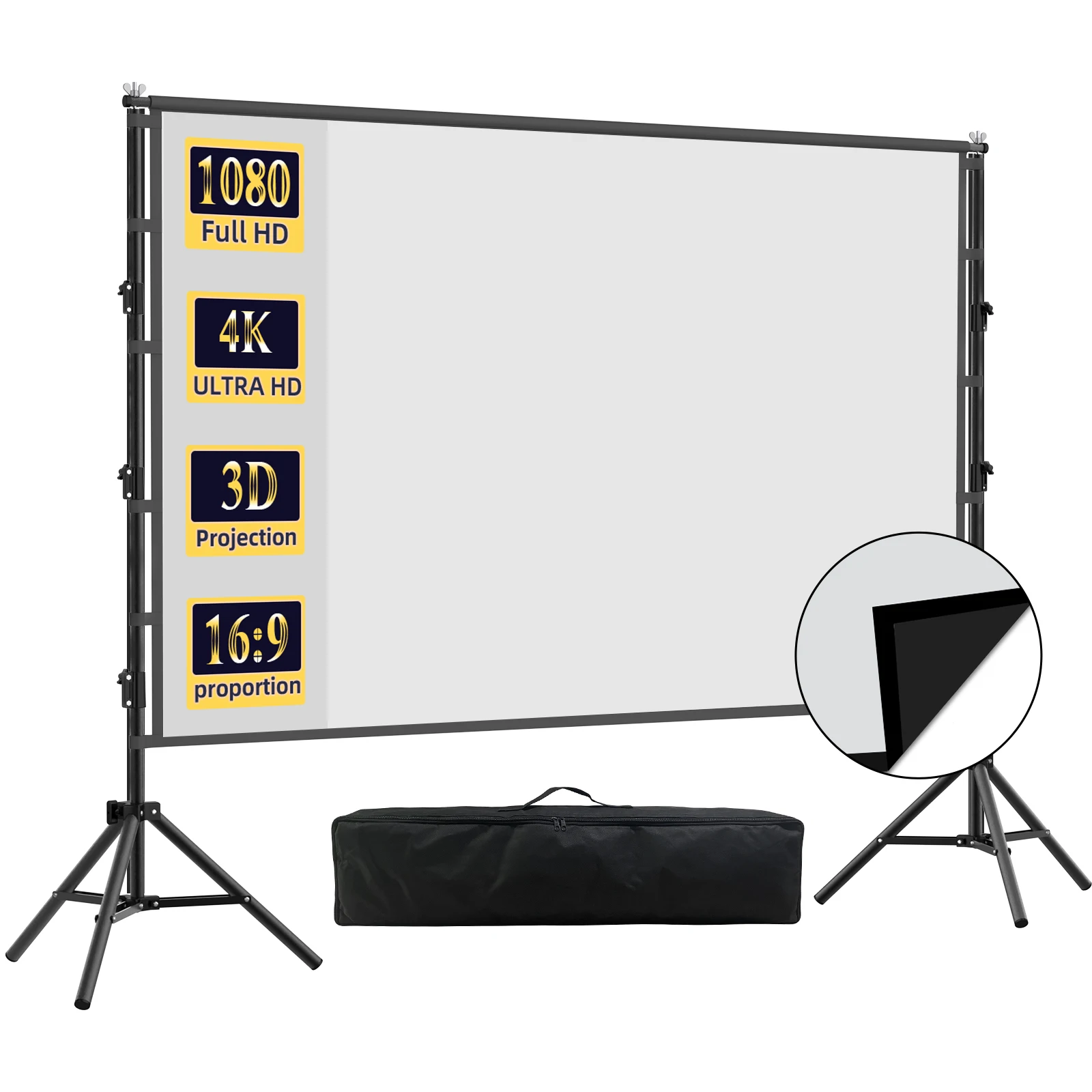 VEIDADZ Projektionsleinwand mit Ständer, schwarzer Hintergrund, faltenfrei, 60–150 Zoll, geeignet für Heimkino und den Außenbereich Image