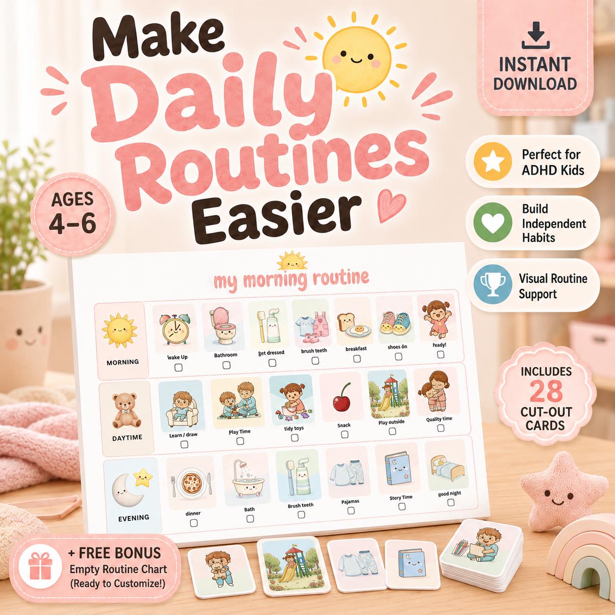 Tabella della routine giornaliera per bambini dai 4 ai 6 anni / Programma visivo stampabile per ADHD / Schede della routine prescolare / Routine per a