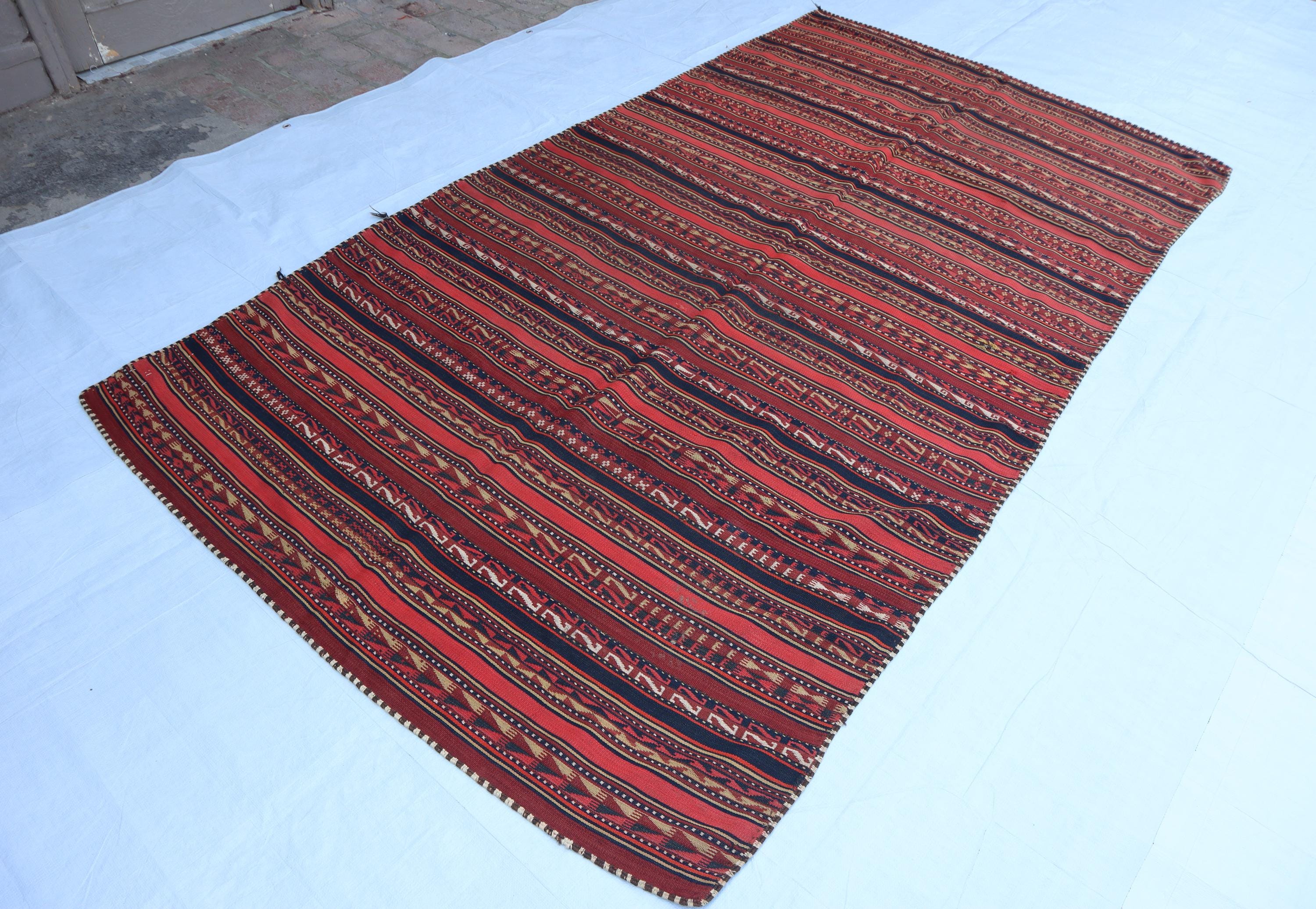 Tappeto antico a righe, lungo 5 x 9 piedi, tappeto afghano in lana fatto a mano, tappeto kilim vintage, tappeto kilim turkmeno a tessitura piatta, tap
