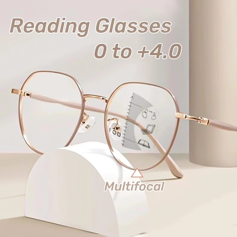 Retro Runde Progressive Multifokus Lesebrille Metall Rahmen Weit Anblick Gläser High Definition Anti-blau Presbyopie Brille Image