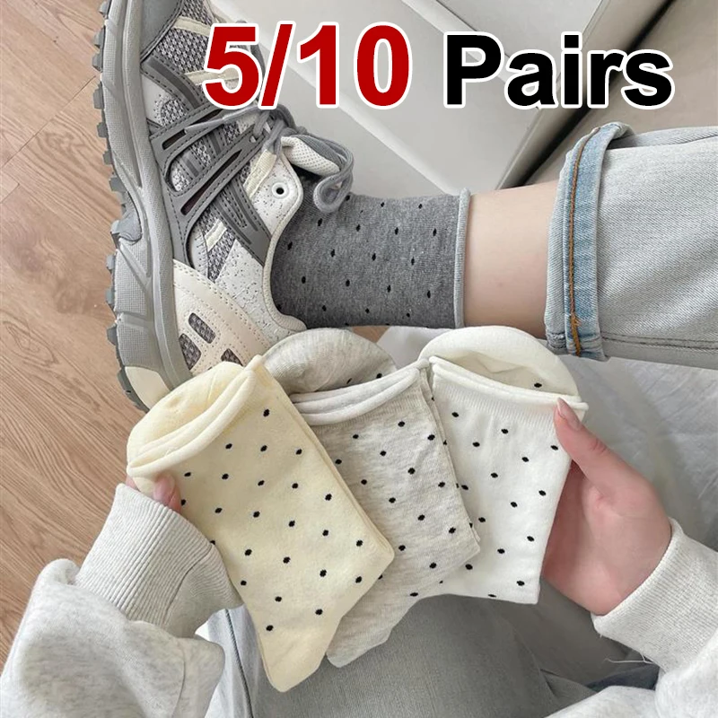 5/10 Paar Damen-Socken mit gerolltem Rand, gepunktet, mittlere Röhre, Frühling und Sommer, schweißabsorbierend, atmungsaktiv, süß, einfacher Stil, lässige Socken Image