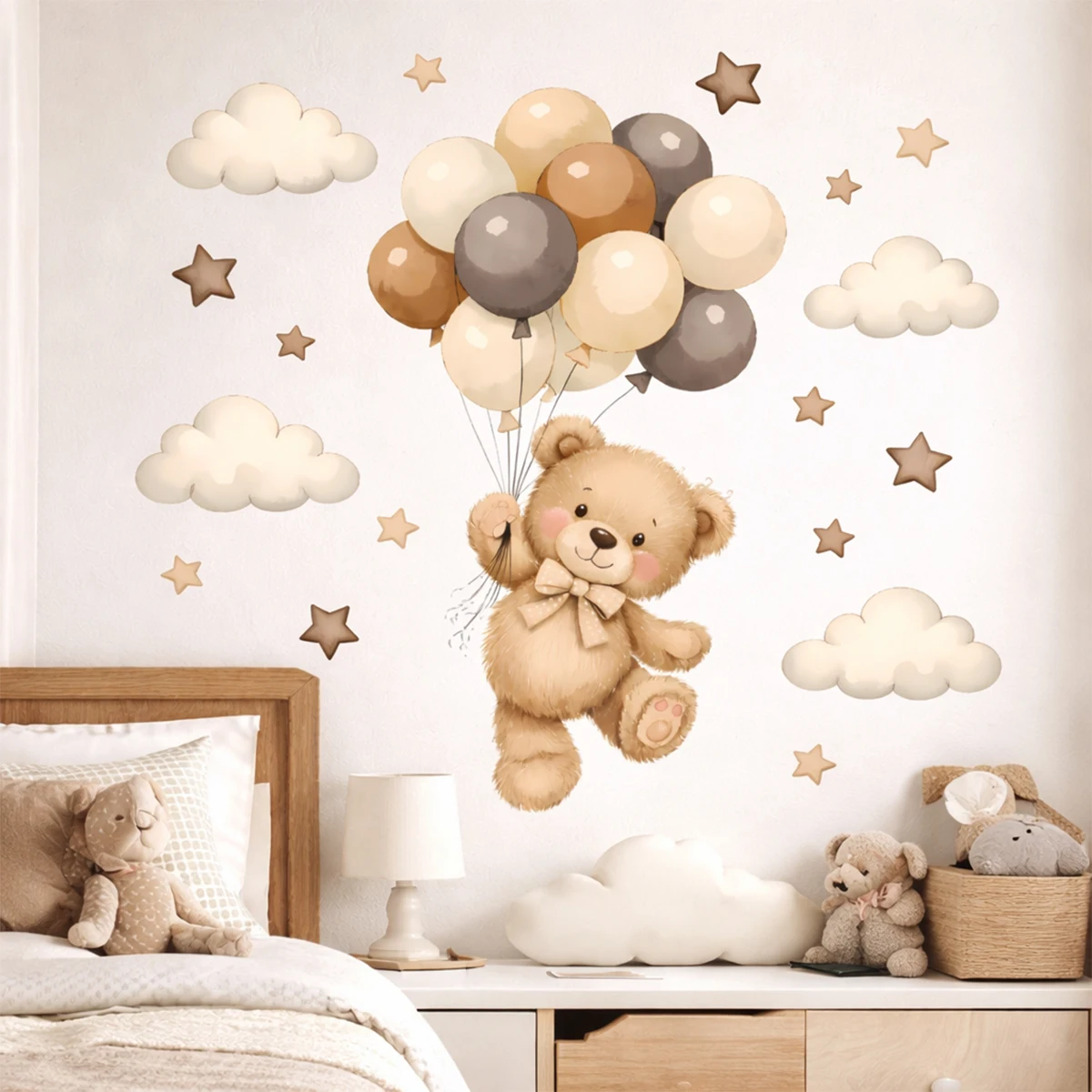 Entzückende Teddybär-Ballons, Sterne, Wolken, Wandaufkleber, Kinderzimmer, Kunst, Vinyl-Aufkleber, Kinderzimmer, Schlafzimmer, Wohnzimmer, Heimdekoration