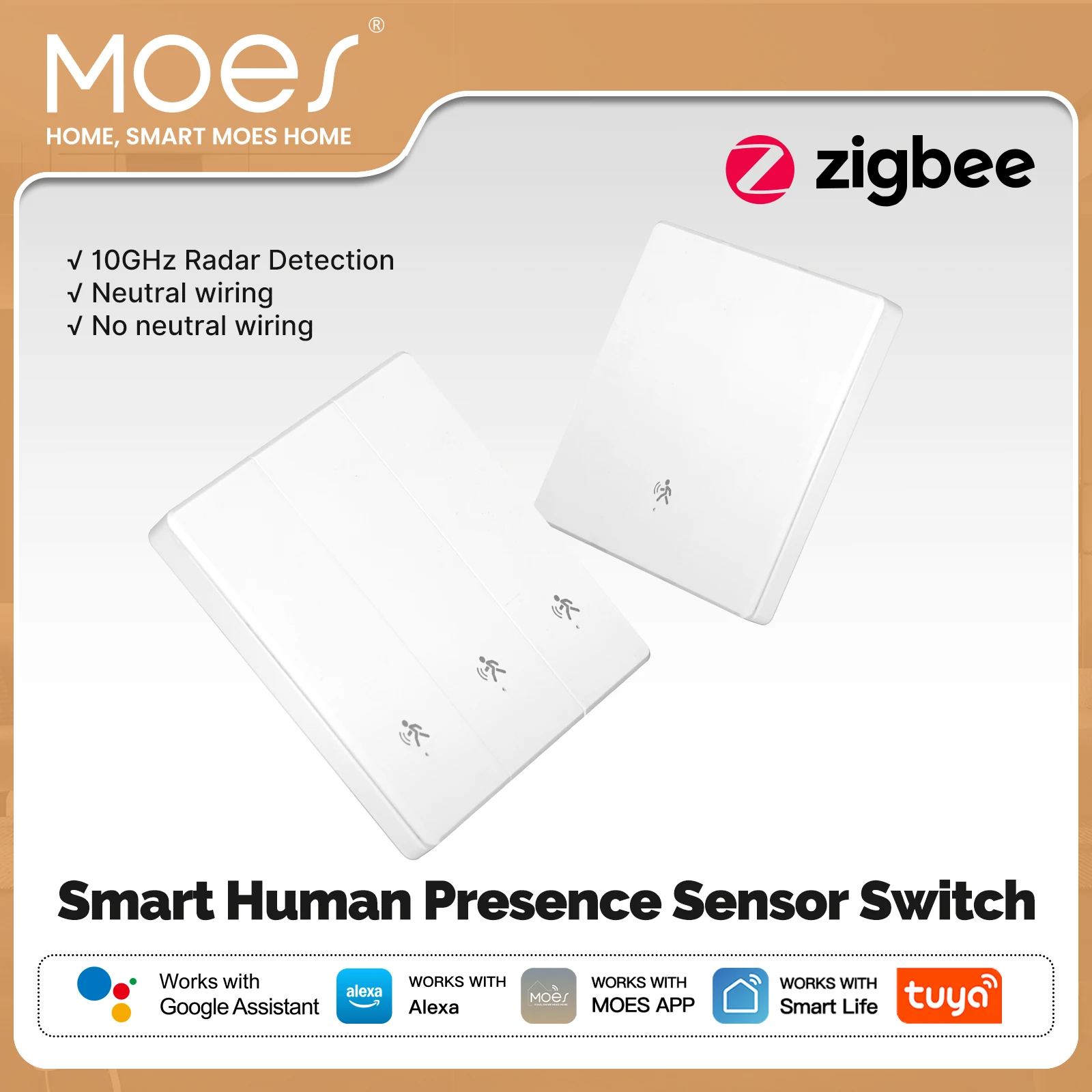 MOES Tuya ZigBee Smart Human Presence mmWave Radarsensor Wandlichtschalter Funktioniert mit Alexa Google Home Neutralleiter optional Image