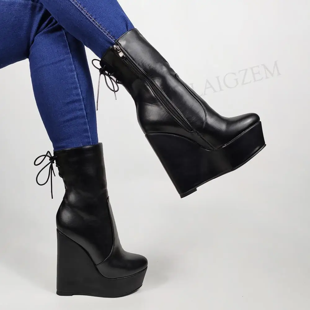 LAIGZEM Damen Wadenstiefel Plateau Wedges Kunstleder Kurze Stiefel Reißverschluss Schwarze Schuhe Unisex Party Cosplay Große Größe 46 50 52