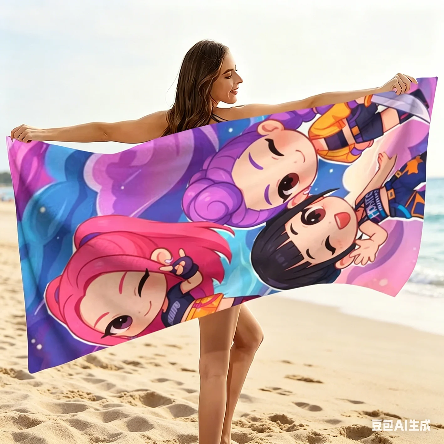 Kawaii Chibi Girls Strandtuch, Mikrofaser, schnell trocknend, Anime-Cartoon-Badetuch für Schwimmbad, Reisen, Fitness, Yoga, Handtuch für Erwachsene Image