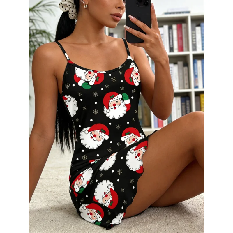Damen Sommer-Nachthemd mit Spaghettiträgern, Rüschenbesatz, Rundhalsausschnitt, Hauskleidung, Schlafkleid mit Niedlichem Weihnachtsmann-Druck Image