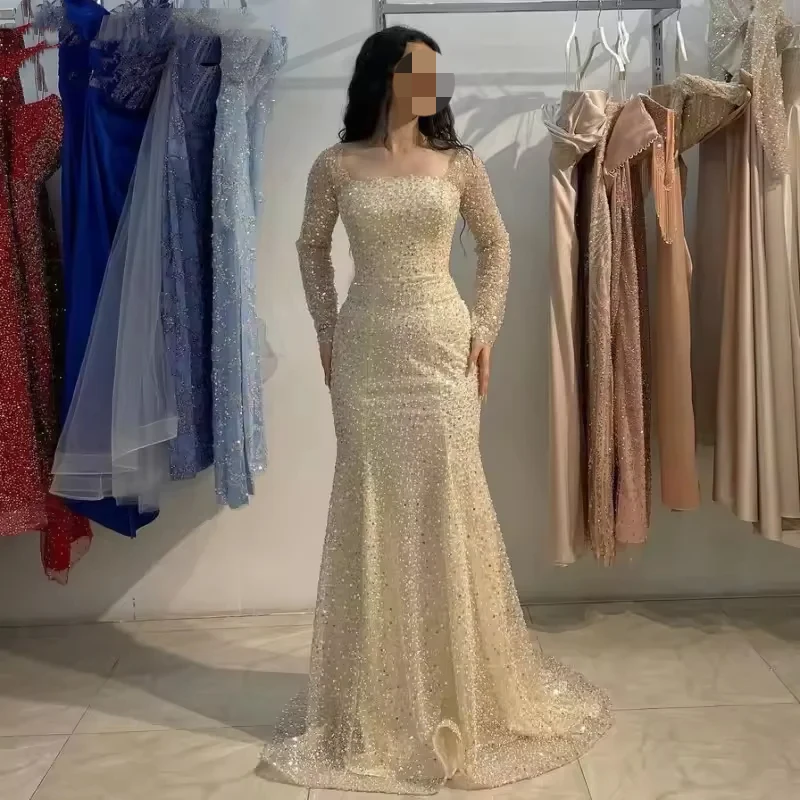 Vinca Sunny Customized Champagne Long Sleeve Sequins Evening Dresses Mermaid Prom Gown Wedding Party robes de soirée 2025