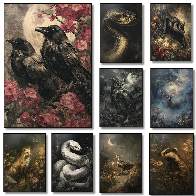 Verspielte Dark-Academia-Tierposter, Wald, kleine Eidechse, Schlange, moderne Drucke, Leinwandgemälde, Wandbilder, Heim- und Raumdekoration Image