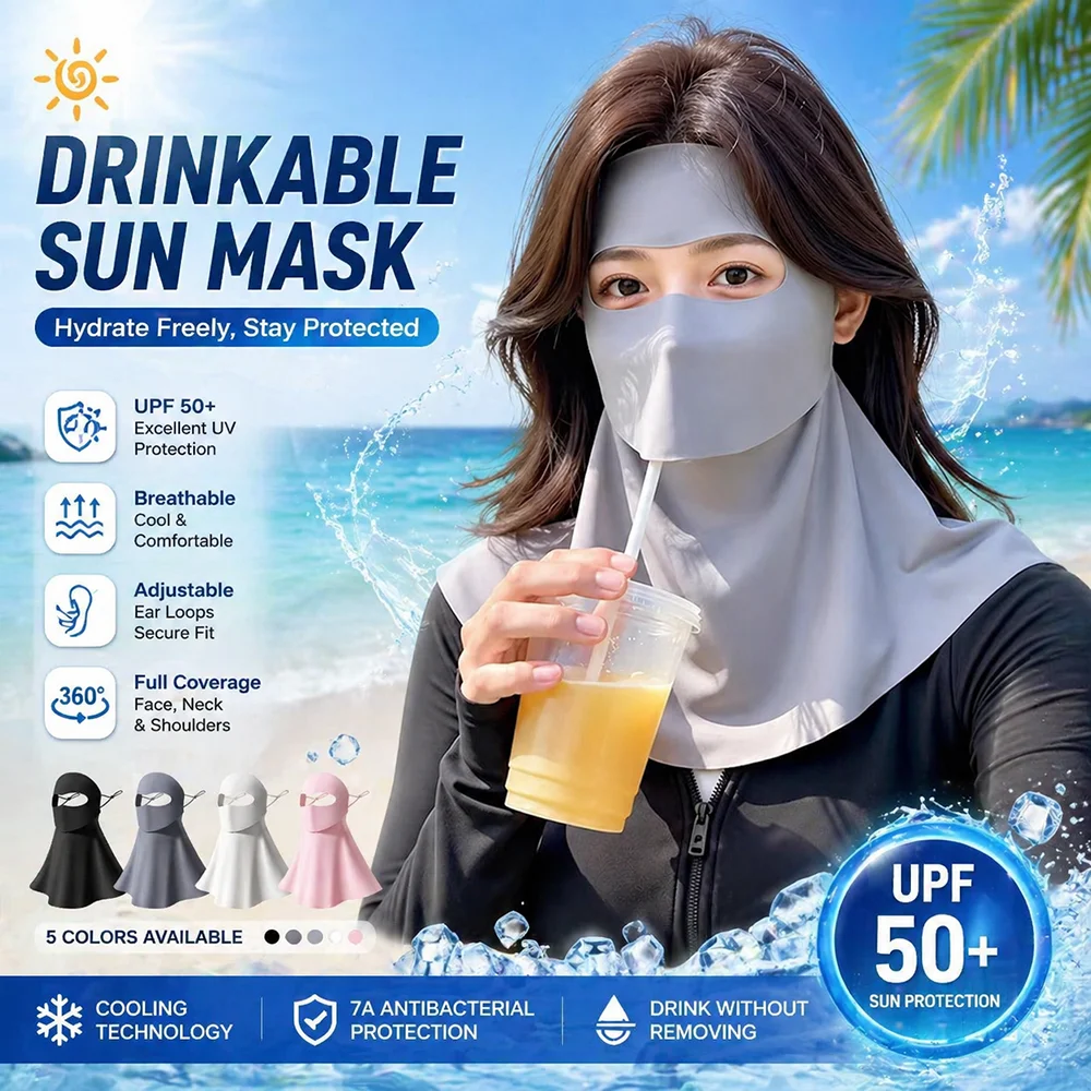Trinkbare Sonnengesichtsmaske UPF50+ Vollständige Abdeckung, atmungsaktiver Halsschutz, für den Außenbereich, Anti-UV, verstellbare Ohrschlaufen, Sommer-Urlaubsgeschenke Image