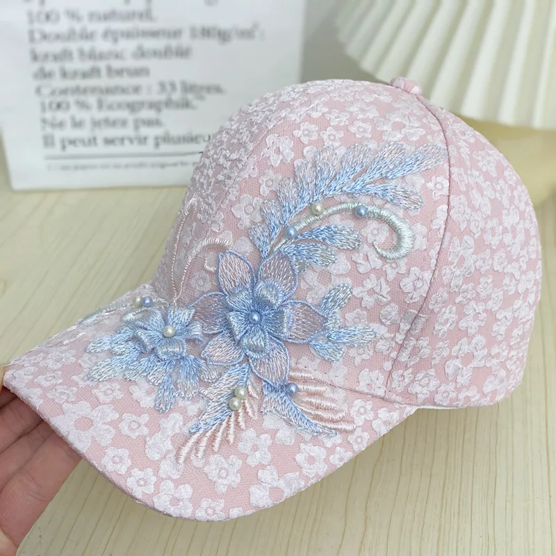 Sommerlicher, dünner, bestickter Spitzen-Blumen-Entenschnabelhut, modischer, frischer, vielseitiger Sonnenschutzhut für Damen mit großer Krempe Image